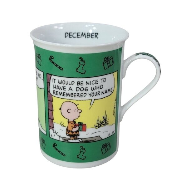 2/$15 Danbury Mint Peanuts Christmas Mug Green December Calendar Charlie Brown - Picture 1 of 9
